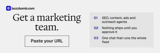 X header for BuzzBomb: "Get a marketing team." Editorial style, skeleton layout, light palette in white, grey.