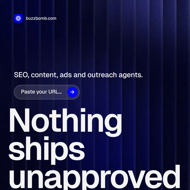 Instagram post for BuzzBomb: "One launch. A week of posts." Agentic glass style, oversized layout, dark palette in blue, black, grey.