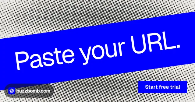 Social ad for BuzzBomb: "Paste your URL." Swiss style, diagonal layout, dark palette in blue, grey.