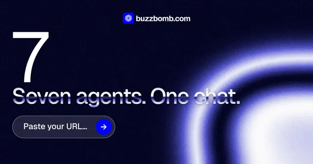 Social ad for BuzzBomb: "Paste your URL." Agentic glass style, stat layout, dark palette in black, blue.