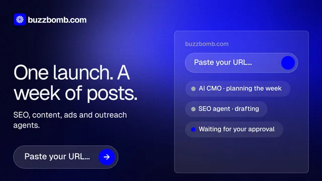 Landscape graphic for BuzzBomb: "One launch. A week of posts." Agentic glass style, bottom layout, dark palette in black, blue.