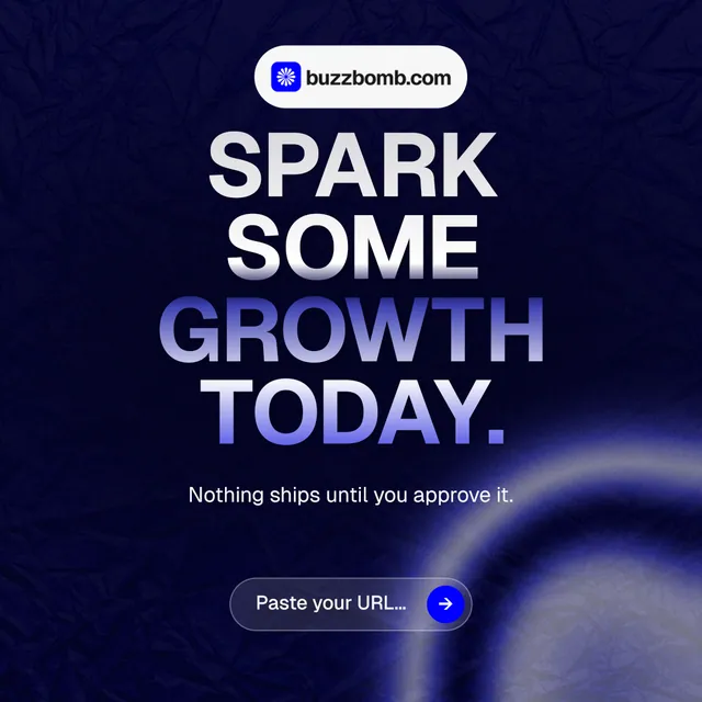 Instagram post for BuzzBomb: "Spark some growth today." Agentic glass style, centred layout, dark palette in black, blue, grey.