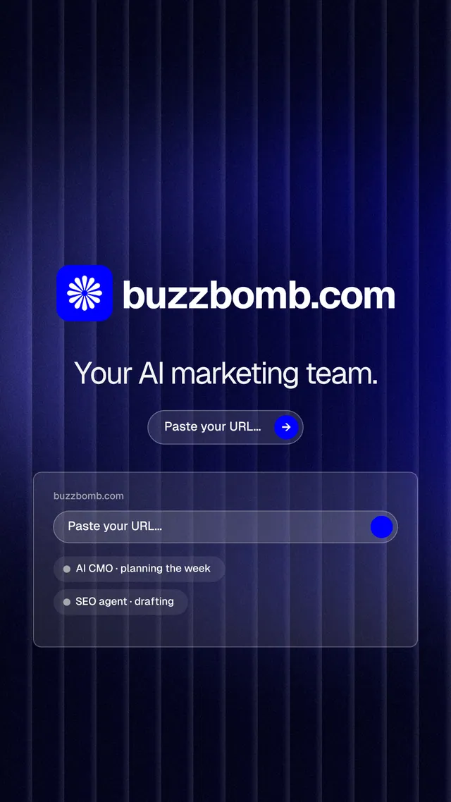 Instagram story for BuzzBomb: "Your AI marketing team." Agentic glass style, logo hero layout, dark palette in black, blue.