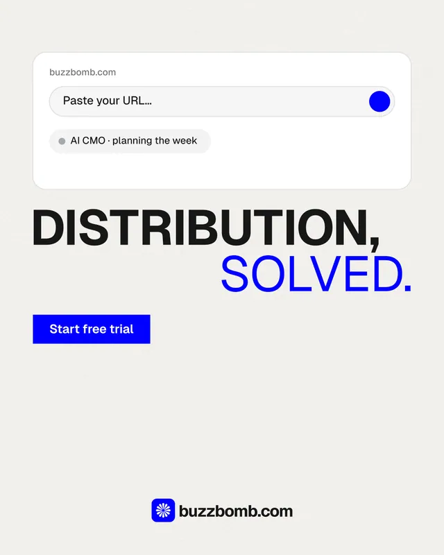 Instagram portrait post for BuzzBomb: "Distribution, solved." Swiss style, stacked layout, light palette in white, blue.