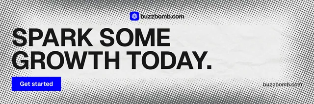 X header for BuzzBomb: "Spark some growth today." Swiss style, poster layout, light palette in grey, white.
