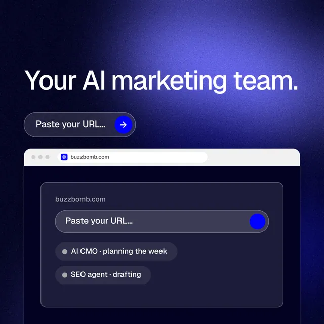 Instagram post for BuzzBomb: "Your AI marketing team." Agentic glass style, browser layout, dark palette in blue, black.