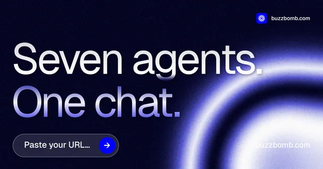 Social ad for BuzzBomb: "Seven agents. One chat." Agentic glass style, poster layout, dark palette in black, blue.