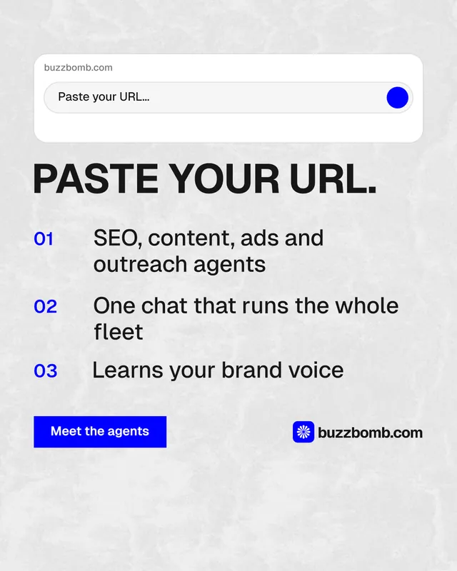 Instagram portrait post for BuzzBomb: "Paste your URL." Swiss style, numbered layout, light palette in white, grey.