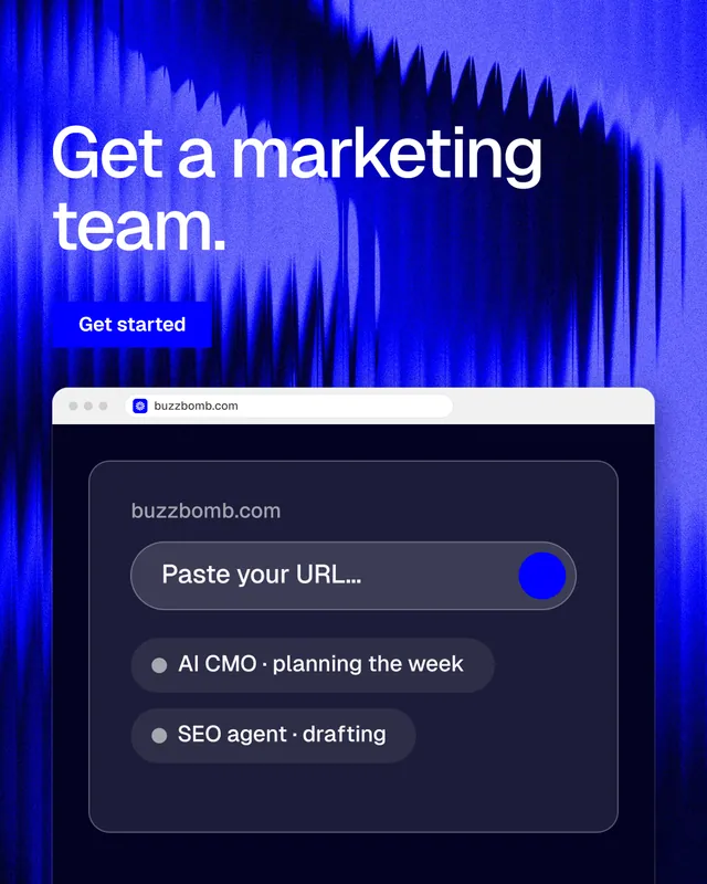 Instagram portrait post for BuzzBomb: "Get a marketing team." Swiss style, browser layout, dark palette in black, blue.