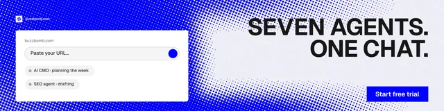 LinkedIn banner for BuzzBomb: "Seven agents. One chat." Swiss style, right layout, light palette in white, blue.