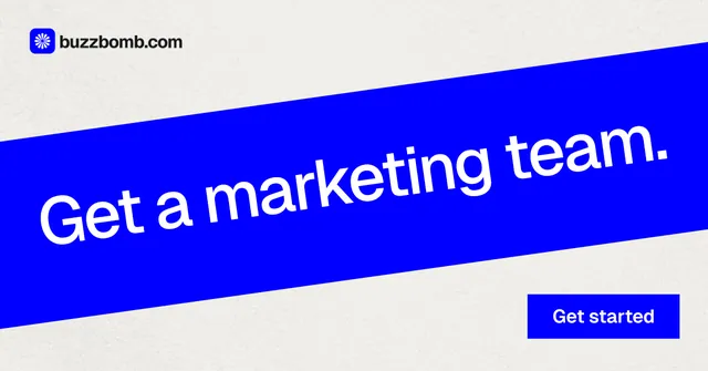 Social ad for BuzzBomb: "Get a marketing team." Swiss style, diagonal layout, light palette in blue, white.