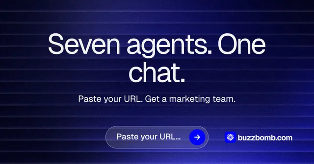 Social ad for BuzzBomb: "Seven agents. One chat." Agentic glass style, centred layout, dark palette in blue, black.