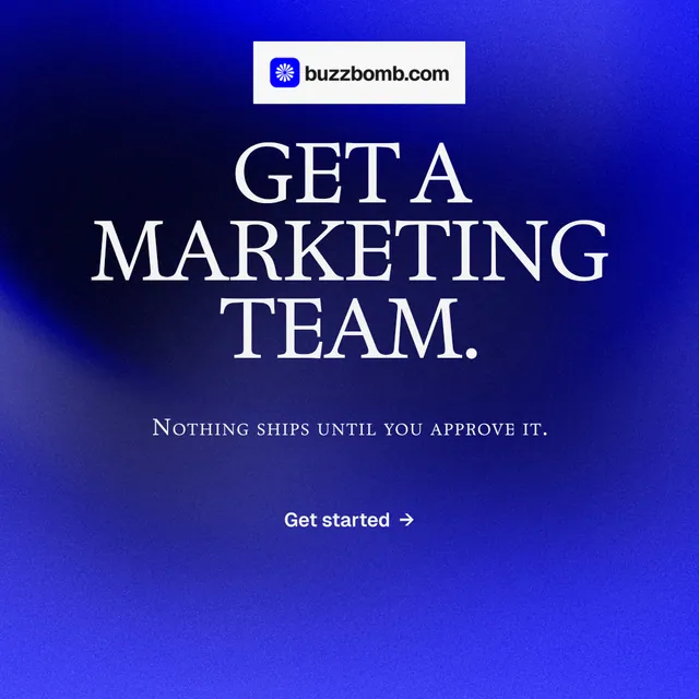 Instagram post for BuzzBomb: "Get a marketing team." Swiss style, smallcaps layout, dark palette in blue.