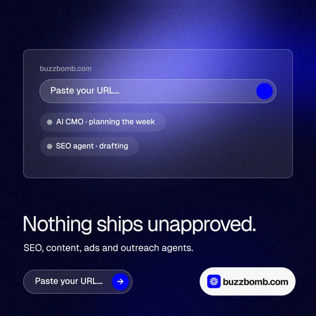 Instagram post for BuzzBomb: "Nothing ships unapproved." Agentic glass style, bottom layout, dark palette in black, blue.