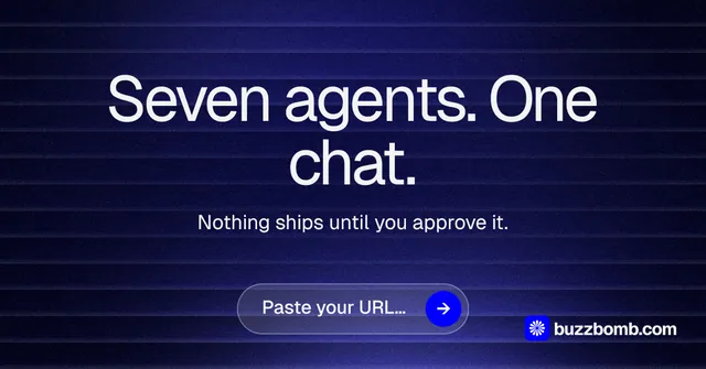 Social ad for BuzzBomb: "Seven agents. One chat." Agentic glass style, centred layout, dark palette in blue, black, grey.