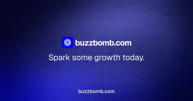 Social ad for BuzzBomb: "Spark some growth today." Swiss style, end card layout, dark palette in blue.