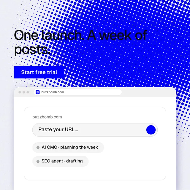 Instagram post for BuzzBomb: "One launch. A week of posts." Swiss style, browser layout, light palette in blue, white.