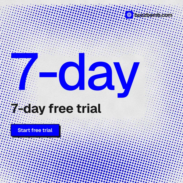 Instagram post for BuzzBomb: "Seven agents. One chat." Brutalist style, stat layout, light palette in blue, white.