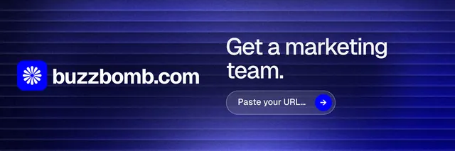 X header for BuzzBomb: "Get a marketing team." Agentic glass style, logo hero layout, dark palette in blue.