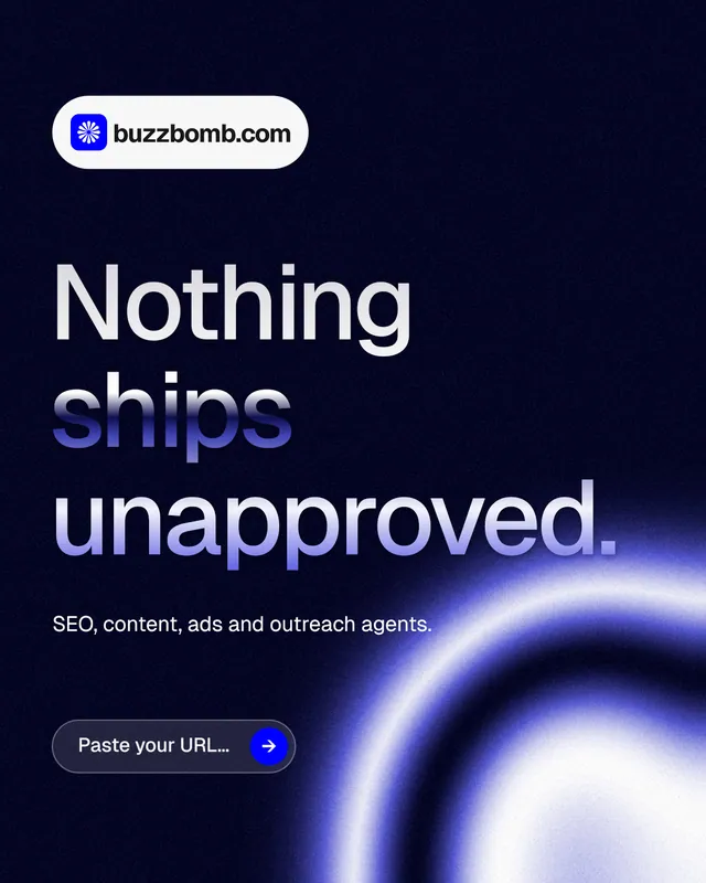 Instagram portrait post for BuzzBomb: "Nothing ships unapproved." Agentic glass style, announce layout, dark palette in black, blue.