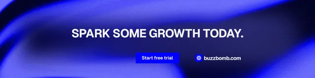 LinkedIn banner for BuzzBomb: "Spark some growth today." Swiss style, centred layout, dark palette in blue.