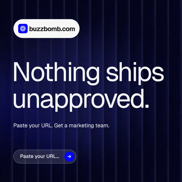 Instagram post for BuzzBomb: "Nothing ships unapproved." Agentic glass style, announce layout, dark palette in black, blue, grey.