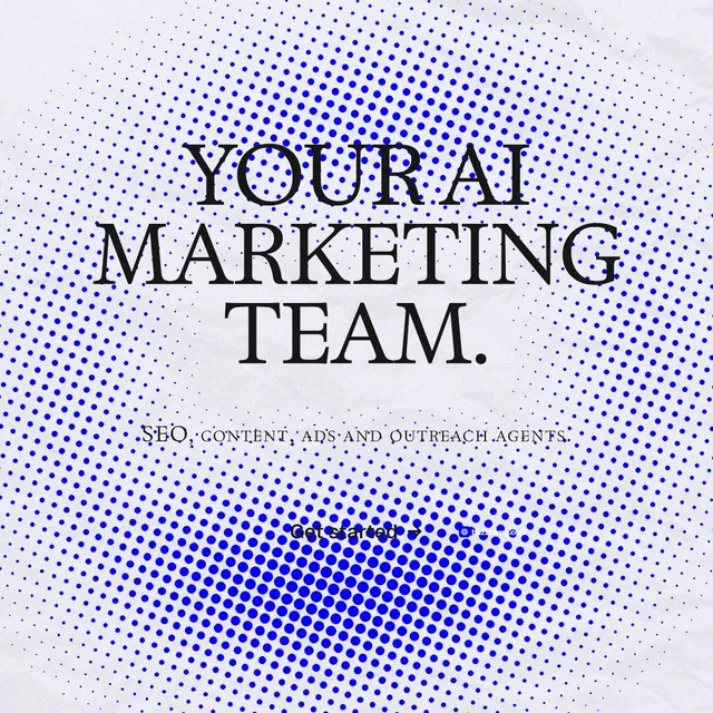 Instagram post for BuzzBomb: "Your AI marketing team." Swiss style, smallcaps layout, light palette in blue, white.