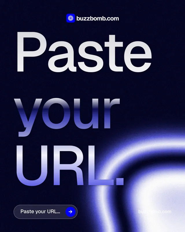 Instagram portrait post for BuzzBomb: "Paste your URL." Agentic glass style, poster layout, dark palette in black, blue.
