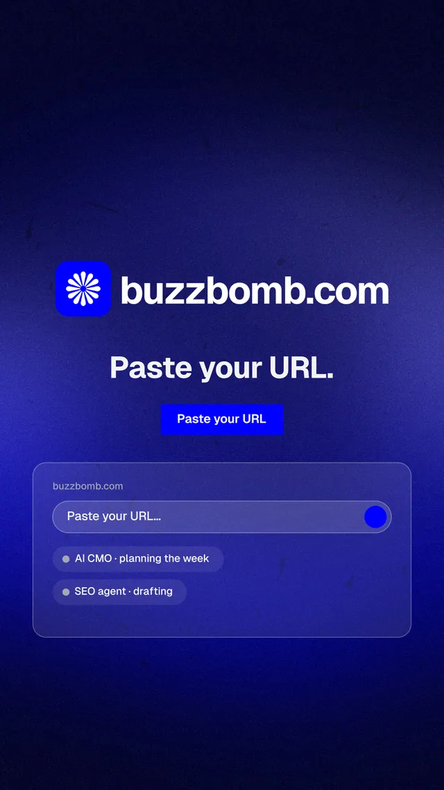 Instagram story for BuzzBomb: "Paste your URL." Swiss style, logo hero layout, dark palette in black, blue.