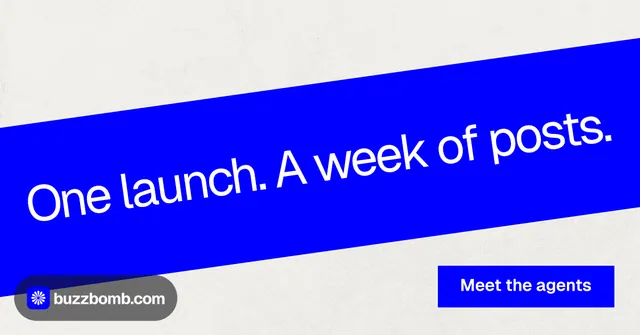 Social ad for BuzzBomb: "One launch. A week of posts." Swiss style, diagonal layout, light palette in blue, white.