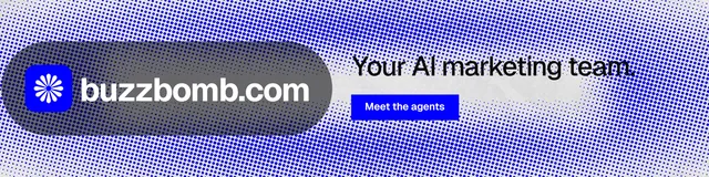 LinkedIn banner for BuzzBomb: "Your AI marketing team." Swiss style, logo hero layout, light palette in blue.