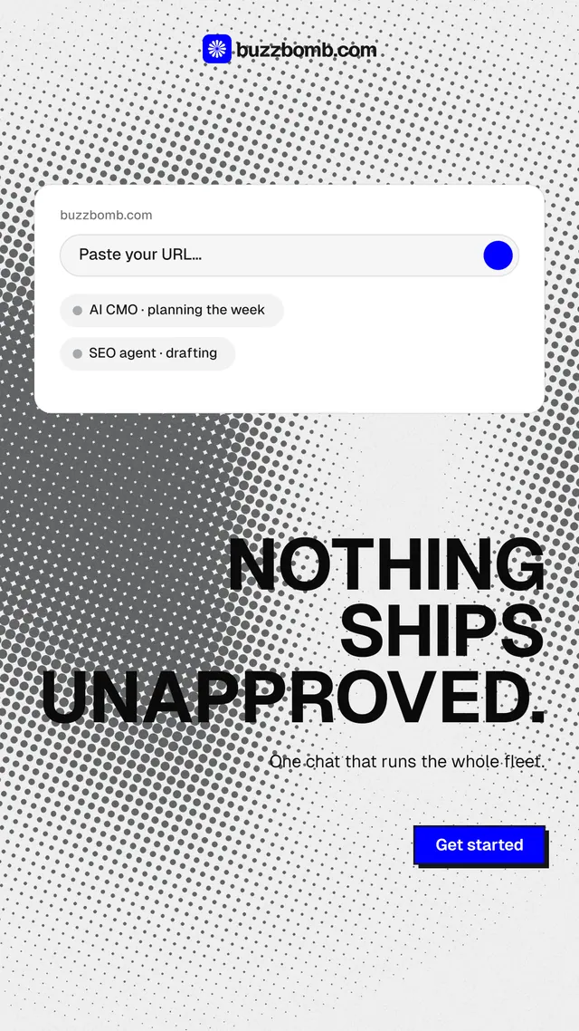 Instagram story for BuzzBomb: "Nothing ships unapproved." Brutalist style, right layout, light palette in white, grey.
