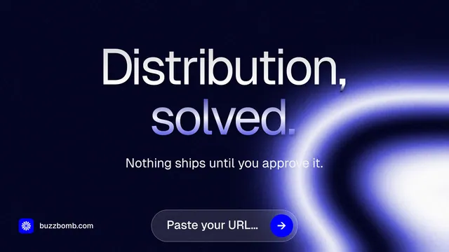 Landscape graphic for BuzzBomb: "Distribution, solved." Agentic glass style, centred layout, dark palette in black, blue.
