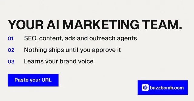 Social ad for BuzzBomb: "Your AI marketing team." Swiss style, numbered layout, light palette in white, blue.