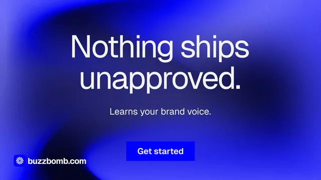 Landscape graphic for BuzzBomb: "Nothing ships unapproved." Swiss style, centred layout, dark palette in blue.