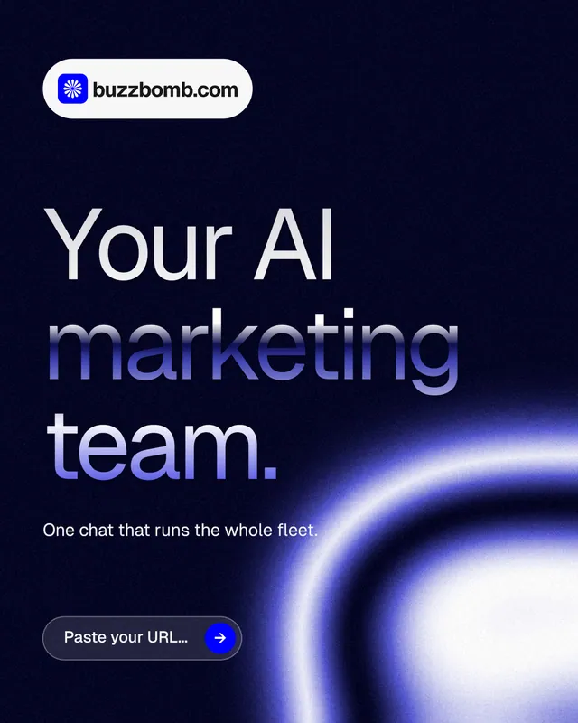 Instagram portrait post for BuzzBomb: "Your AI marketing team." Agentic glass style, announce layout, dark palette in black, blue.