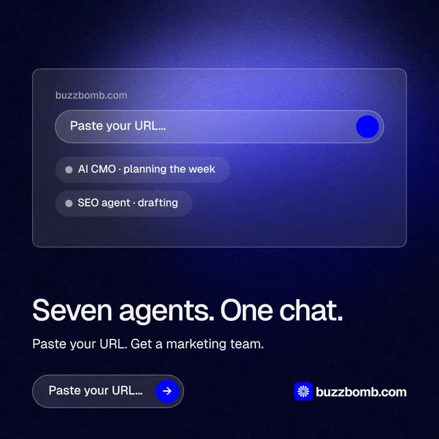 Instagram post for BuzzBomb: "Seven agents. One chat." Agentic glass style, bottom layout, dark palette in black, blue.