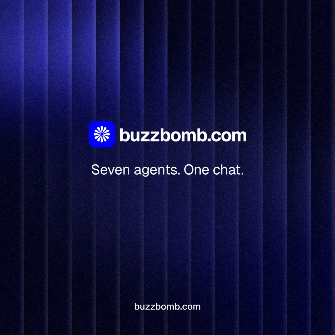 Instagram post for BuzzBomb: "Seven agents. One chat." Agentic glass style, end card layout, dark palette in black, blue.