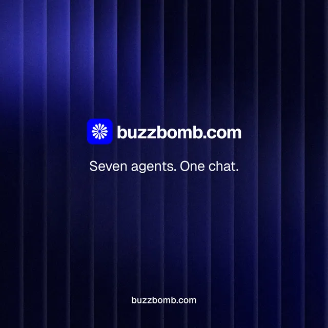 Instagram post for BuzzBomb: "Seven agents. One chat." Agentic glass style, end card layout, dark palette in black, blue.