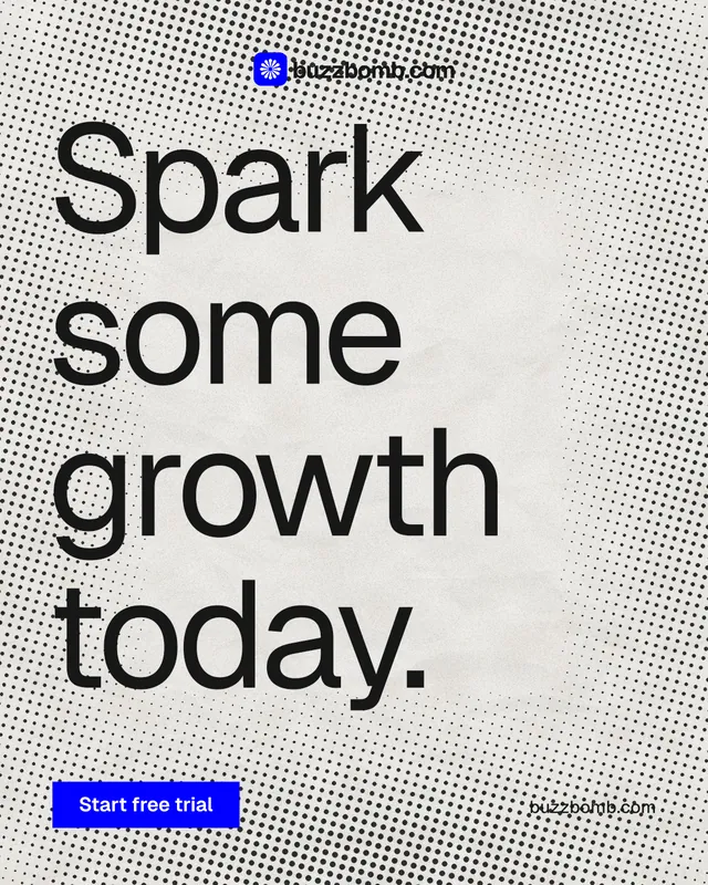 Instagram portrait post for BuzzBomb: "Spark some growth today." Swiss style, poster layout, light palette in grey, white.