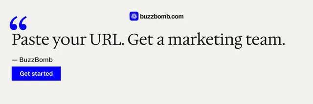 X header for BuzzBomb: "Paste your URL." Swiss style, quote layout, light palette in white, blue.