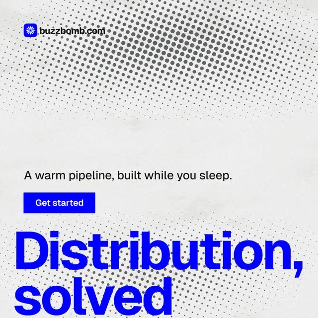 Instagram post for BuzzBomb: "Your AI marketing team." Swiss style, oversized layout, light palette in white, blue.