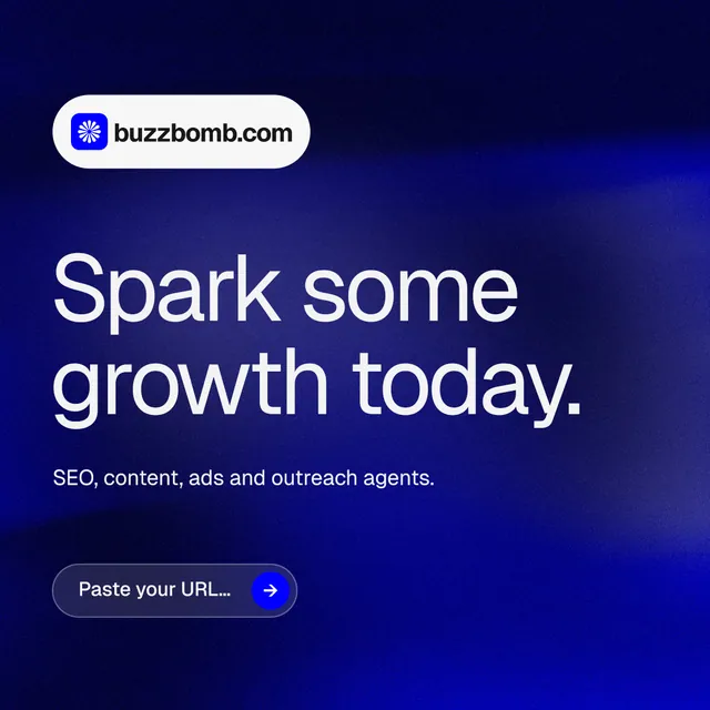 Instagram post for BuzzBomb: "Spark some growth today." Agentic glass style, announce layout, dark palette in black, blue.