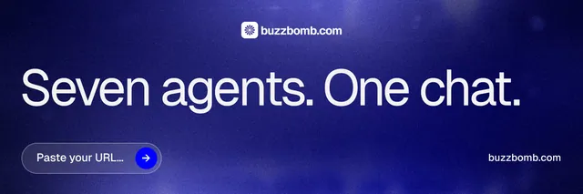 X header for BuzzBomb: "Seven agents. One chat." Agentic glass style, poster layout, dark palette in blue.