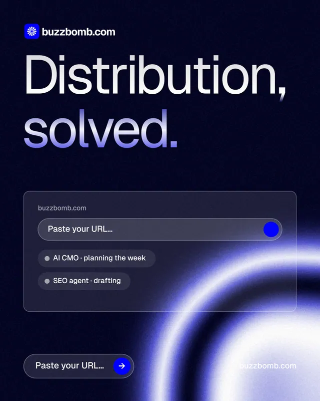 Instagram portrait post for BuzzBomb: "Distribution, solved." Agentic glass style, poster layout, dark palette in black, blue.