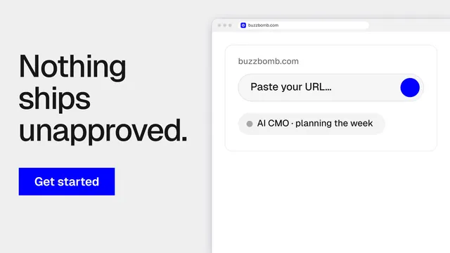 Landscape graphic for BuzzBomb: "Nothing ships unapproved." Swiss style, browser layout, light palette in white, blue.