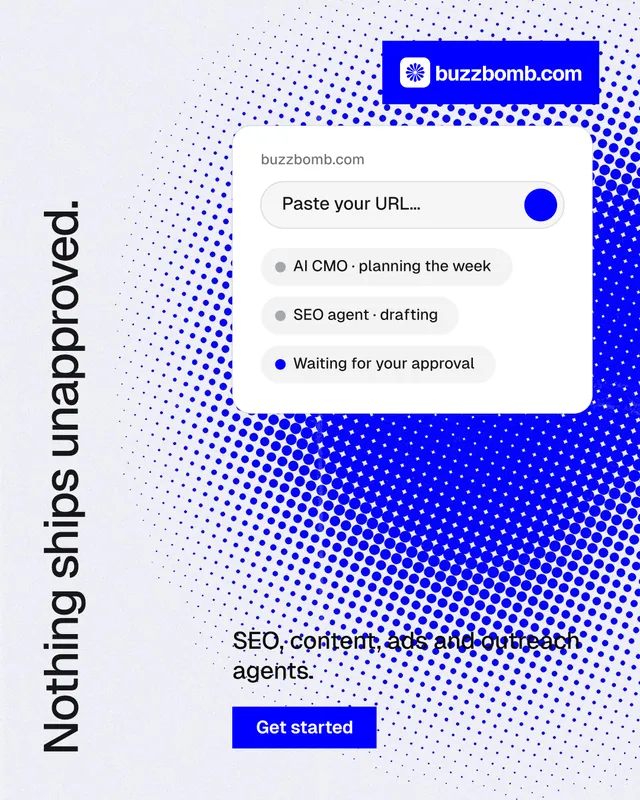 Instagram portrait post for BuzzBomb: "Nothing ships unapproved." Swiss style, vertical layout, light palette in white, blue.