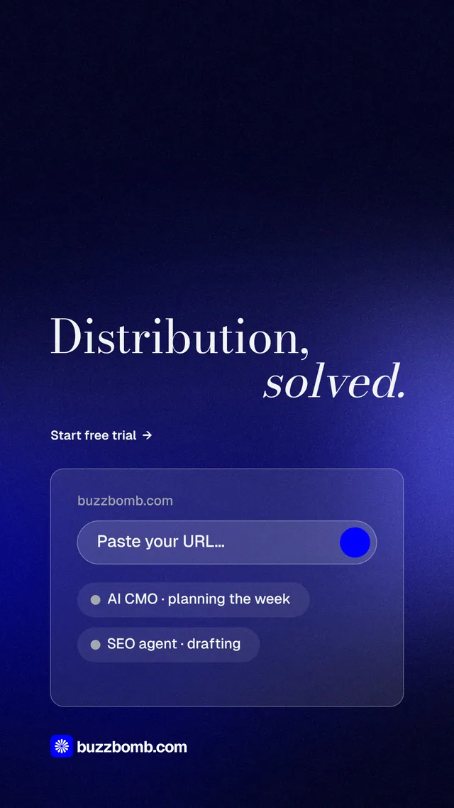 Instagram story for BuzzBomb: "Distribution, solved." Minimal luxury style, stacked layout, dark palette in black, blue.