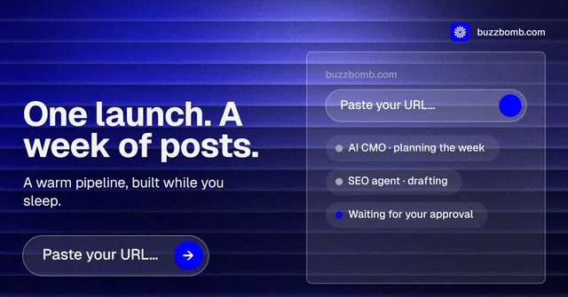 Social ad for BuzzBomb: "One launch. A week of posts." Agentic glass style, bottom layout, dark palette in blue.