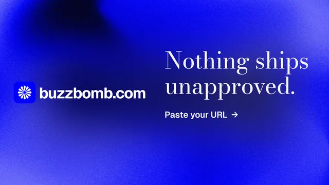 Landscape graphic for BuzzBomb: "Nothing ships unapproved." Minimal luxury style, logo hero layout, dark palette in blue.